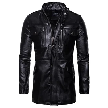 Осенняя новая кожаная куртка средней длины с воротником-стойкой и четырьмя карманами, мотоциклетная кожаная куртка 15