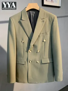 Офисный мужской двубортный пиджак, Однотонный Приталенный Весенний Деловой Повседневный мужской блейзер в британском стиле, топы