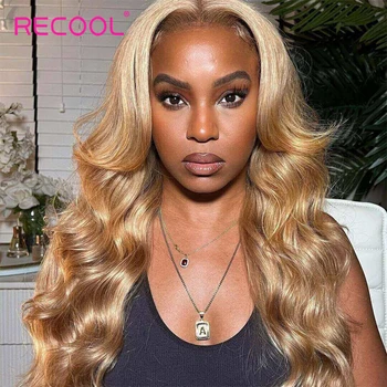 Парик Recool Body Wave 5 × 5 13 × 4 Парик на кружеве Медовый Блонд # 27 Цветные парики для женщин 200% плотности с волосами младенца 11