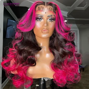Парики на кружеве ярко-розового цвета с эффектом омбре, бразильская объемная волна Remy, 4x1 Т-образная кружевная застежка, парик из человеческих волос для женщин