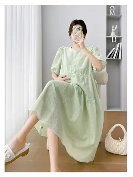 Плюс размер Модное платье для беременных, зеленое, с оборками, с пышными рукавами, с круглым вырезом, с завязками на талии, свободная одежда для беременных, платье для беременных