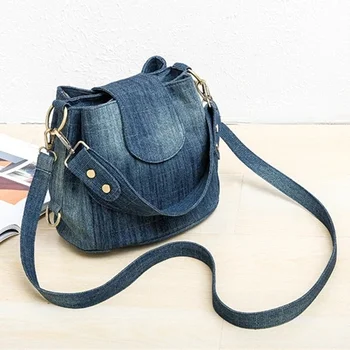 Повседневная джинсовая сумка-мешок для женщин, сумка через плечо, несколько карманов, женская модная универсальная сумка-тоут синего цвета 10