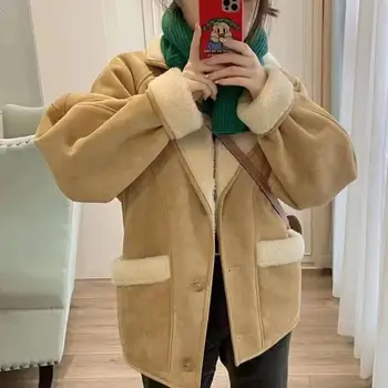 Повседневное пальто из шерсти ягненка, женская Корейская осенне-зимняя куртка из оленьей кожи в винтажном стиле с утолщенной хлопчатобумажной подкладкой, женское пальто