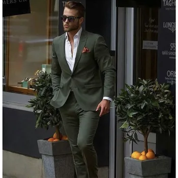 Повседневные стильные 2 предмета (куртка + брюки) Темно-зеленый мужской костюм, приталенный смокинг жениха, Модные свадебные костюмы на заказ, блейзер для выпускного вечера 15