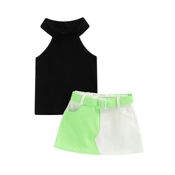 Повседневный костюм для маленьких девочек, однотонные трикотажные топы без рукавов в рубчик + Короткая юбка контрастного цвета с поясом от 2 до 7 лет