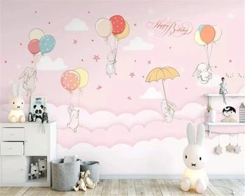Пользовательские мультяшные 3D обои облако прекрасный кролик воздушный шар украшение детской комнаты картина фон обои для стен 3d 2