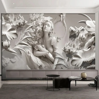 Пользовательские фрески Обои 3D Рельеф Lotus Girl Fashion Фреска Гостиная Спальня Фон стены Домашний декор Фреска Papel De Parede 7
