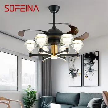 Потолочный вентилятор SOFEINA со светодиодной подсветкой, черный Пульт дистанционного управления 220 В 110 В, домашний декор для гостиной, спальни, ресторана 10