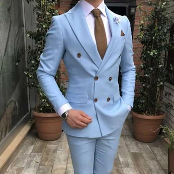 Приталенный Двубортный костюм для мужчин, светло-голубой свадебный смокинг из 2 частей для жениха 2023, мужской модный костюм с отворотом 5