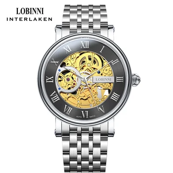 Прозрачный корпус LOBINNI, Ажурные наручные часы с механическим скелетом из нержавеющей стали, Роскошные мужские Водонепроницаемые Автоматические Часы 6