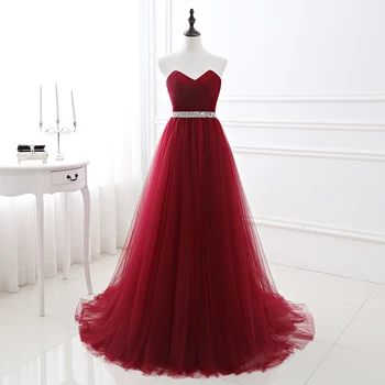 Простое женское вечернее платье цвета красного вина, вечерние платья из тюля, вырез в виде сердца, расшитое блестками платье для выпускного вечера, расшитое бисером 3