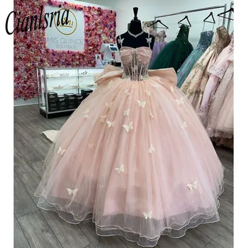 Пышные платья принцессы 2023 на тонких бретельках с бабочкой, бальные платья Gala Vestido De 15 Anos Sweet 16 16