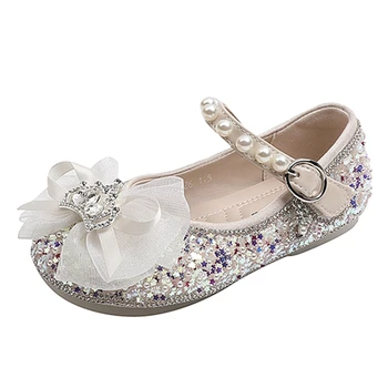 Размер 22-33; Тканевые модельные туфли с блестками Для девочек; Кружевные туфли-бабочки, расшитые жемчужным бисером; Детские вечерние туфли принцессы на плоской подошве; 10