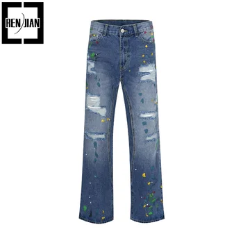 Раскрашенные рваные джинсовые брюки с дырками свободного покроя в стиле хип-хоп Y2K, джинсовые брюки в стиле уличной одежды, раскрашенные низы 2