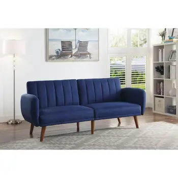 Регулируемый диван-кровать, синее постельное белье и отделка ореховым деревом для небольших квартир 4
