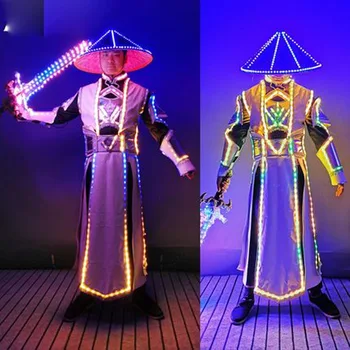 Робот мужчины выступление светодиодные костюмы dj рейв шоу красочная светящаяся куртка косплей китайский светящийся наряд