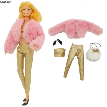 Розовое пальто из искусственного меха, куртка, комплект одежды для Барби, топ, брюки, Сандалии, сумка, аксессуары для кукол, Детские игрушки 1/6, 1:6