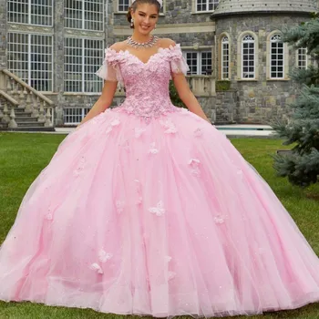 Розовое сексуальное бальное платье с V-образным вырезом, вечерние платья принцессы с бабочкой и цветочным бантом, вечерние платья для выпускного вечера, Сладкое пышное платье 16 15