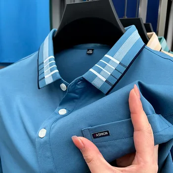 Роскошная брендовая новая мужская рубашка поло с карманом на лацкане, Мужская футболка из смеси хлопка, Летняя повседневная тонкая универсальная одежда для гольфа на открытом воздухе 12