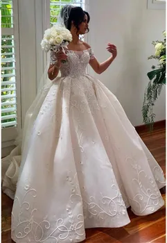Роскошное свадебное платье с кружевным шлейфом и открытыми плечами 2023 года, бальное платье, свадебные платья на заказ 8