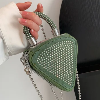 Роскошные женские мини-сумки через плечо с бриллиантами, новые треугольные сумки-мессенджеры 2023, зеленый вечерний клатч, дизайнерские брендовые сумки и кошельки 12