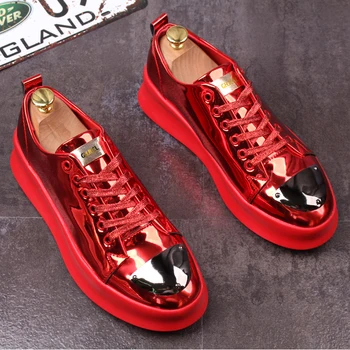 Роскошные лоферы из лакированной кожи; золотистые туфли-лодочки на платформе с высоким голенищем; мужская обувь в стиле хип-хоп на красной подошве; Chaussure Homme A6 16