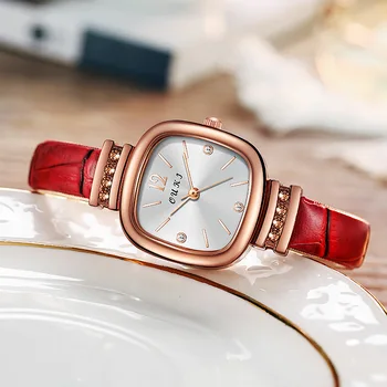 Роскошные часы, женские квадратные наручные часы из розового золота, красные кожаные модные часы, Женские кварцевые часы, подарки Montre Femme