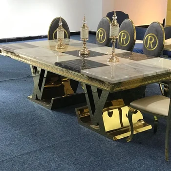 Роскошный Прямоугольный Мраморный обеденный стол с резным краем, Золотая латунь, Нержавеющая сталь, Свадебный стол в отеле 7