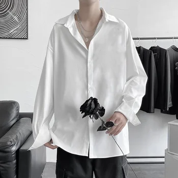 Рубашка с длинными рукавами Мужская Корейская верхняя одежда свободного кроя, топы без шелка, рубашки для мужчин, одежда Camisas y Blusa 17