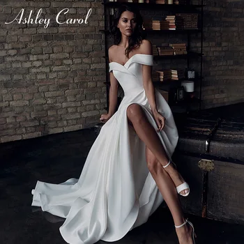 Свадебное платье трапециевидной формы Ashley Carol 2022, Элегантное атласное платье невесты с открытыми плечами и бантом, свадебные платья Robe De Mariee 14