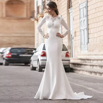 Свадебные платья Русалки из Атласа Smileven с длинным рукавом, Кружевное платье невесты с аппликацией, Мусульманское свадебное платье Vestido De Noiva 2023