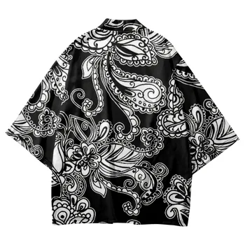 Свободная одежда Юката, Японский Черный Кардиган с цветочным принтом, Женщины, мужчины, Кимоно Харадзюку, топы для косплея, блузка 7