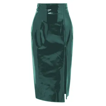 Сексуальная однотонная юбка Миди из ПВХ с разрезом, женская юбка из ПВХ с высокой талией, длиной до колен, Элегантная офисная юбка из искусственного латекса на заказ 3