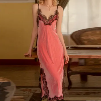Сексуальная пижама во французском стиле, женское кружевное бархатное длинное ночное платье с V-образным вырезом и открытой спиной, ночная рубашка, Нижнее белье, ночная рубашка, пижамы 5
