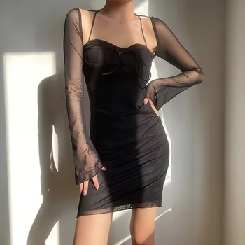 Сексуальное сетчатое мини-платье, женское платье на шнуровке с коротким рукавом, клубная вечеринка, Элегантные, сексуальные, перспективные, черные облегающие платья с расклешенными рукавами, наряды 13