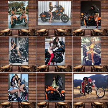 Сексуальные Красотки На Высоких Каблуках Ретро Мотоцикл Баннер Флаг Мастерская Гараж Плакат Настенный Художественный Декор Гобелен Винтажная Вывеска Man Cave Pub Club