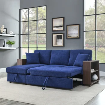 Секционный диван с выдвижной кроватью, 2 Раскладных шезлонга с местом для хранения вещей, Две подушки, темно-синий, (88 