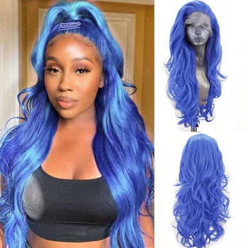 Синтетический парик AIMEYA с кружевом спереди, длинный синий парик с объемной волной, синтетические парики из термостойких волокон для чернокожих женщин, используемые ежедневно 11