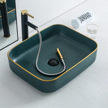Скандинавские роскошные зеленые раковины для ванной комнаты, художественная раковина на столешнице, Керамические домашние квадратные раковины для ванной комнаты, высококачественная раковина для мытья балкона