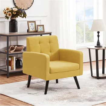 Современное тканевое акцентное кресло с резиновой деревянной ножкой для гостиной, желтое классическое кресло-диван середины века 5