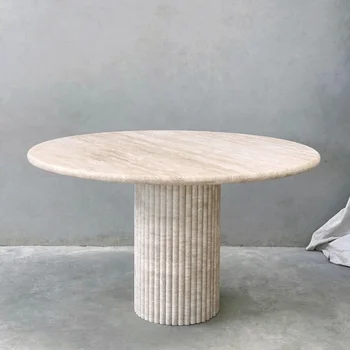 Современный минималистичный обеденный стол из травертина, бежевая круглая каменная столешница, натуральный мрамор, оптовая продажа по индивидуальному заказу
