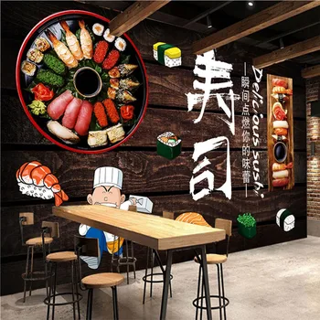 Суши на заказ, темные деревянные доски, обои на заднем плане, 3D Ресторан японской кухни, Суши-бар, Промышленный декор, настенные обои 17