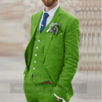 Сшитый на заказ Зеленый льняной свадебный костюм Жениха, мужская куртка, жилет, брюки, 3 предмета, приталенный крой, 2021 Год, официальные свадебные Пляжные смокинги для мужчин 3