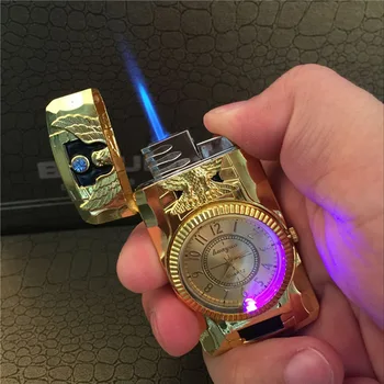 Творческий Семицветный фонарь Jet Turbo torch Голубое пламя газовые часы Зажигалка для сигар Ветрозащитный металлический пресс зажигание мода для мужчин подарок 17