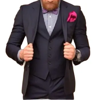 Темно-синие мужские костюмы, комплект из 3 предметов (Куртка + Брюки + Жилет + Галстук), Новейший Дизайн брюк-Блейзеров, Официальная Облегающая одежда для выпускного вечера, Masculino Wedding 6