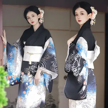Традиционное кимоно юката, новый женский халат с принтом в японском стиле, бело-голубой танцевальный костюм для косплея на сцене