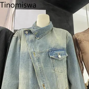 Уличная мода Tinomiswa, Асимметричные джинсовые пальто, Женские куртки с отложным воротником и длинными рукавами, Повседневная верхняя одежда на пуговицах