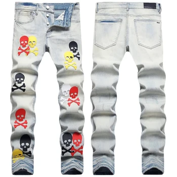 Уличная одежда, джинсы с черепами, мужские облегающие рваные джинсовые брюки в стиле пэчворк, мотоциклетные брюки в стиле хип-хоп, трендовые джинсы в стиле панк с дырками.