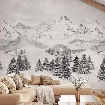 Флизелиновые обои с панорамным пейзажем Les Cimes, настенная роспись в снежных горах, обои в скандинавском стиле в черно-белом цвете 14