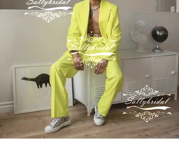 Флуоресцентный Зеленый Полный мужской костюм, Свадебный костюм Жениха, сшитый на заказ Двубортный пиджак, Широкие брюки, Тонкий блейзер, брюки, наряд 14